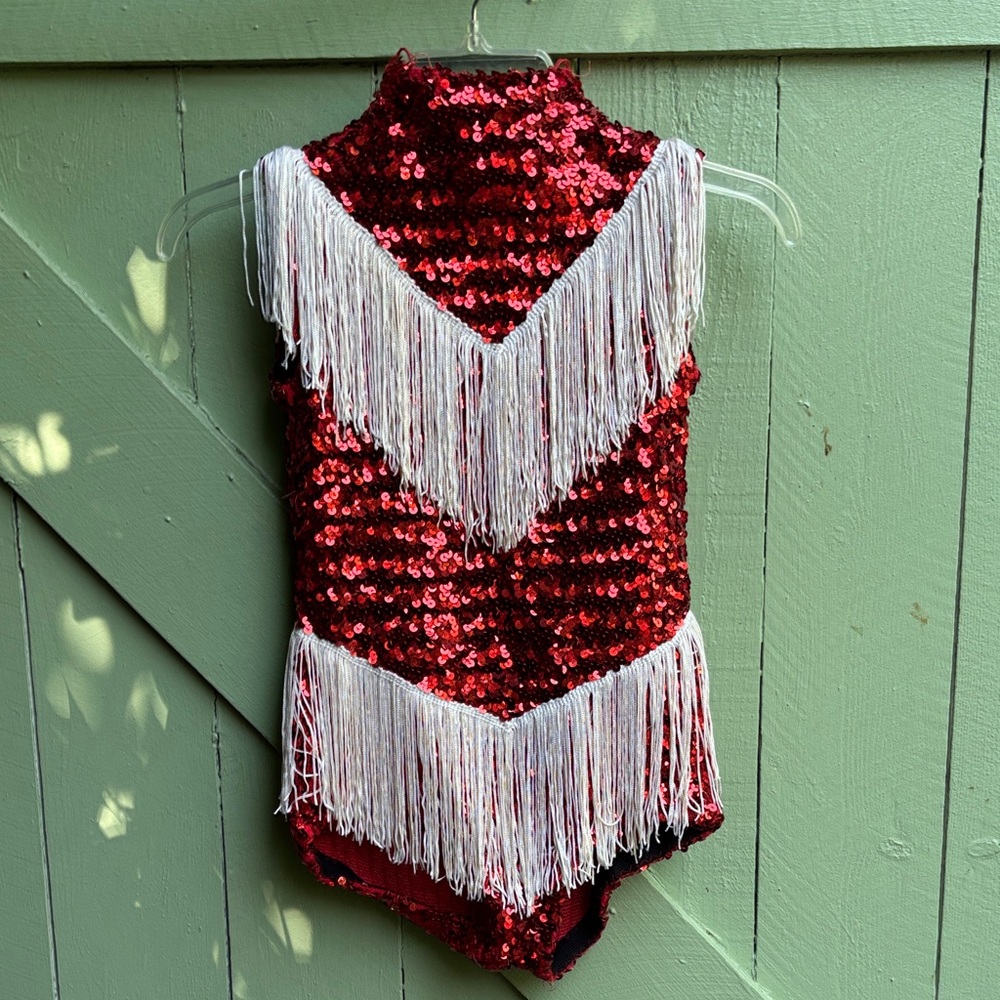 Vintage Vegas Red Sequin Fringe Dance Leotard